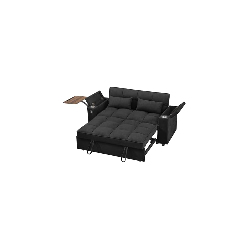 Auvsoce 65'' Convertible Sleeper Sofa Bed with Adjustable Backrest, Chaise Lounge, Side Table & USB/Type-C Ports – Stylish & Functional Addition to Any Living Room (Black)