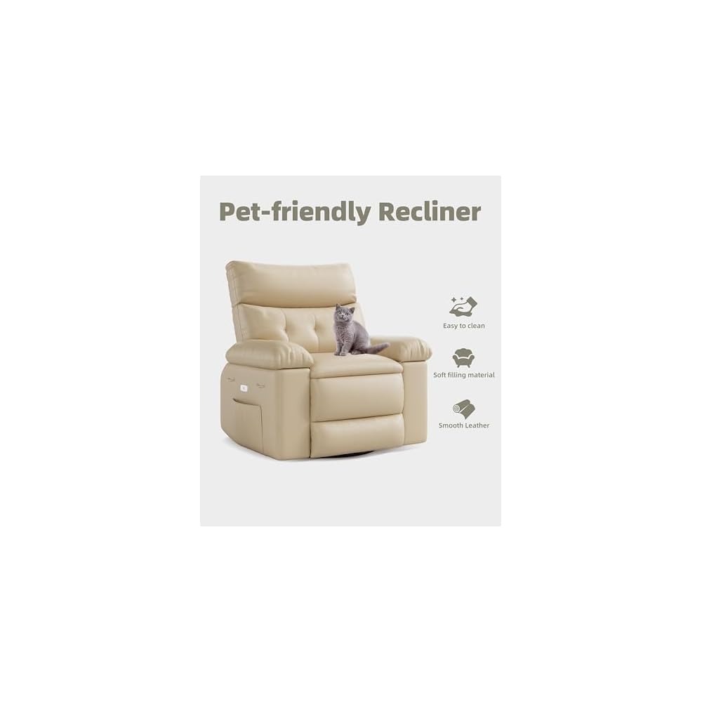 360° Swivel Manual Recliner Chair with Massage & Remote Control, PU Leather Lounge Chair with Side Pocket, Wide Single Sofa Seat for Living Room Comfort, Ergonomic Beige Reclining Armchair