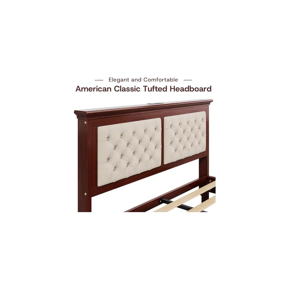 Lifezone Solid Wood Queen Bed Frame 41.5” Tall Diamond-Tufted Upholstered Headboard, American Classic Flat-Top Bed, Stable Structure, Wood Slats Support, Noise-Free, No Box Spring Needed, Redish Brown