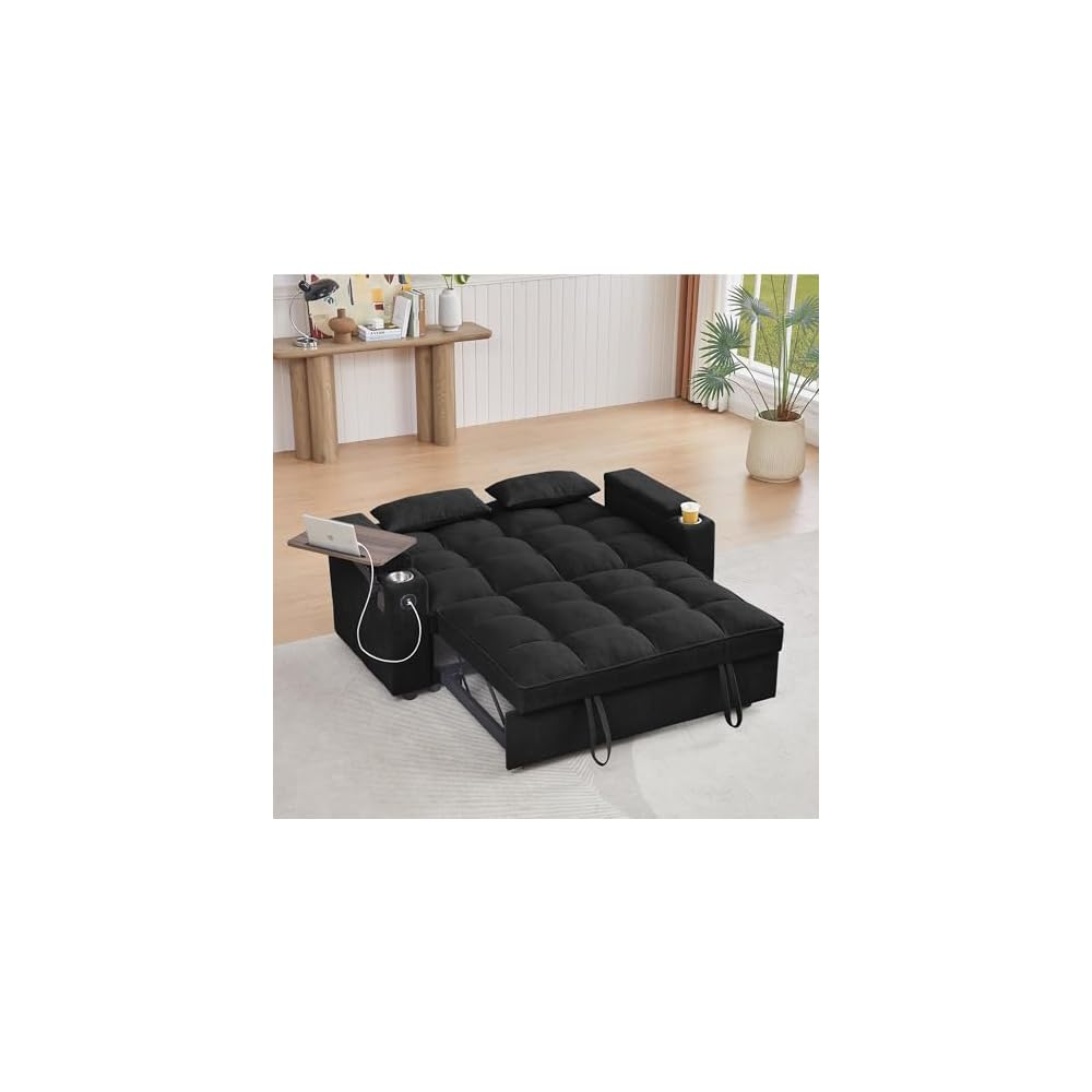 Auvsoce 65'' Convertible Sleeper Sofa Bed with Adjustable Backrest, Chaise Lounge, Side Table & USB/Type-C Ports – Stylish & Functional Addition to Any Living Room (Black)