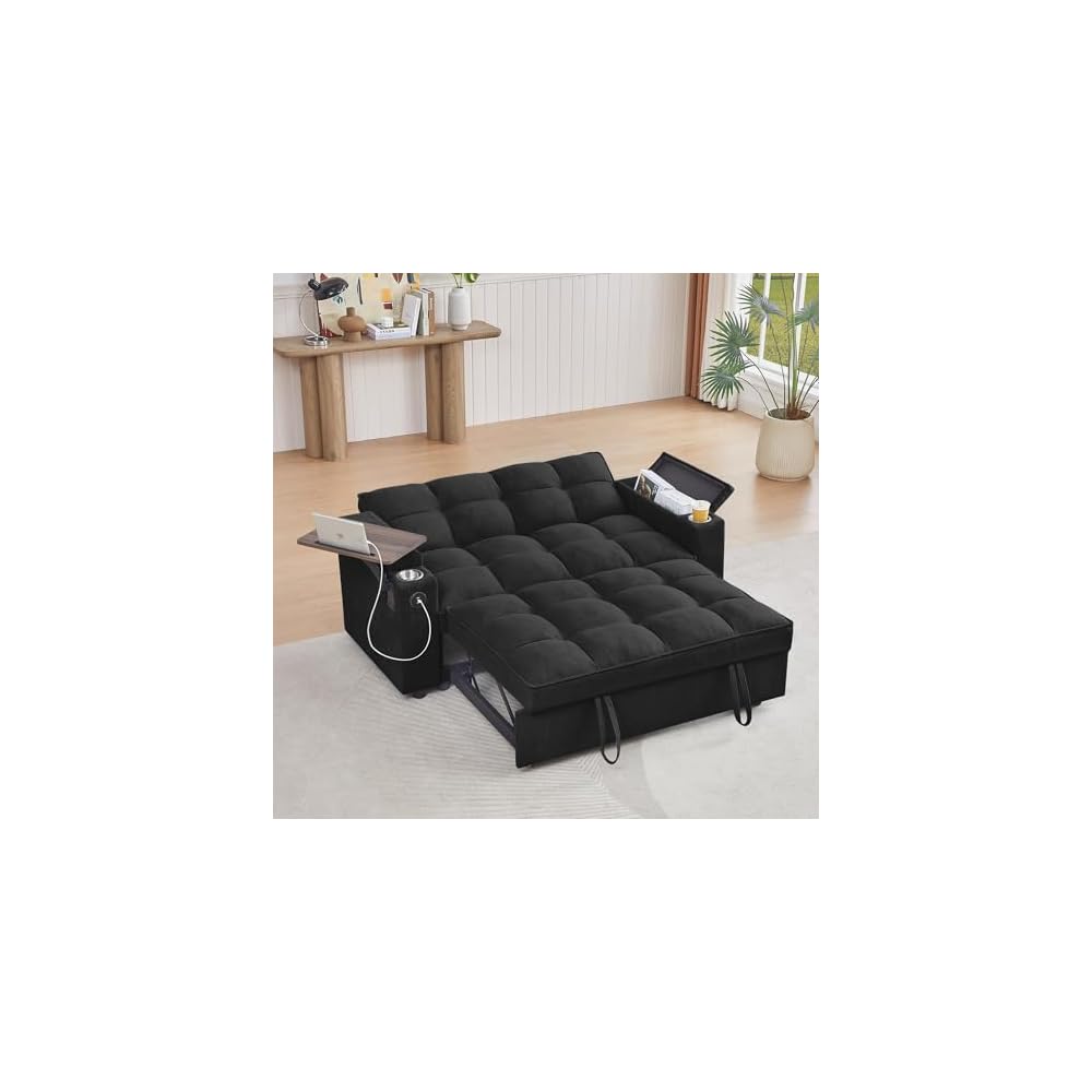 Auvsoce 65'' Convertible Sleeper Sofa Bed with Adjustable Backrest, Chaise Lounge, Side Table & USB/Type-C Ports – Stylish & Functional Addition to Any Living Room (Black)