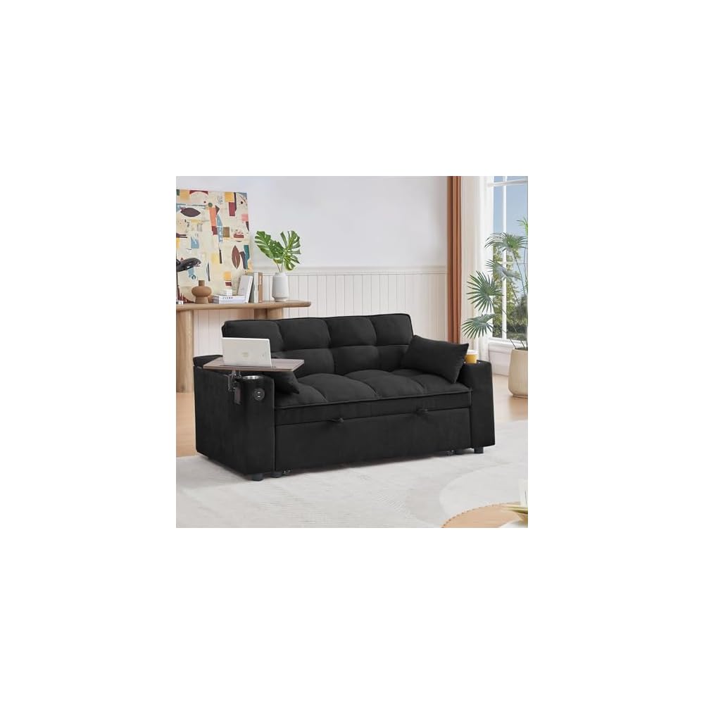 Auvsoce 65'' Convertible Sleeper Sofa Bed with Adjustable Backrest, Chaise Lounge, Side Table & USB/Type-C Ports – Stylish & Functional Addition to Any Living Room (Black)