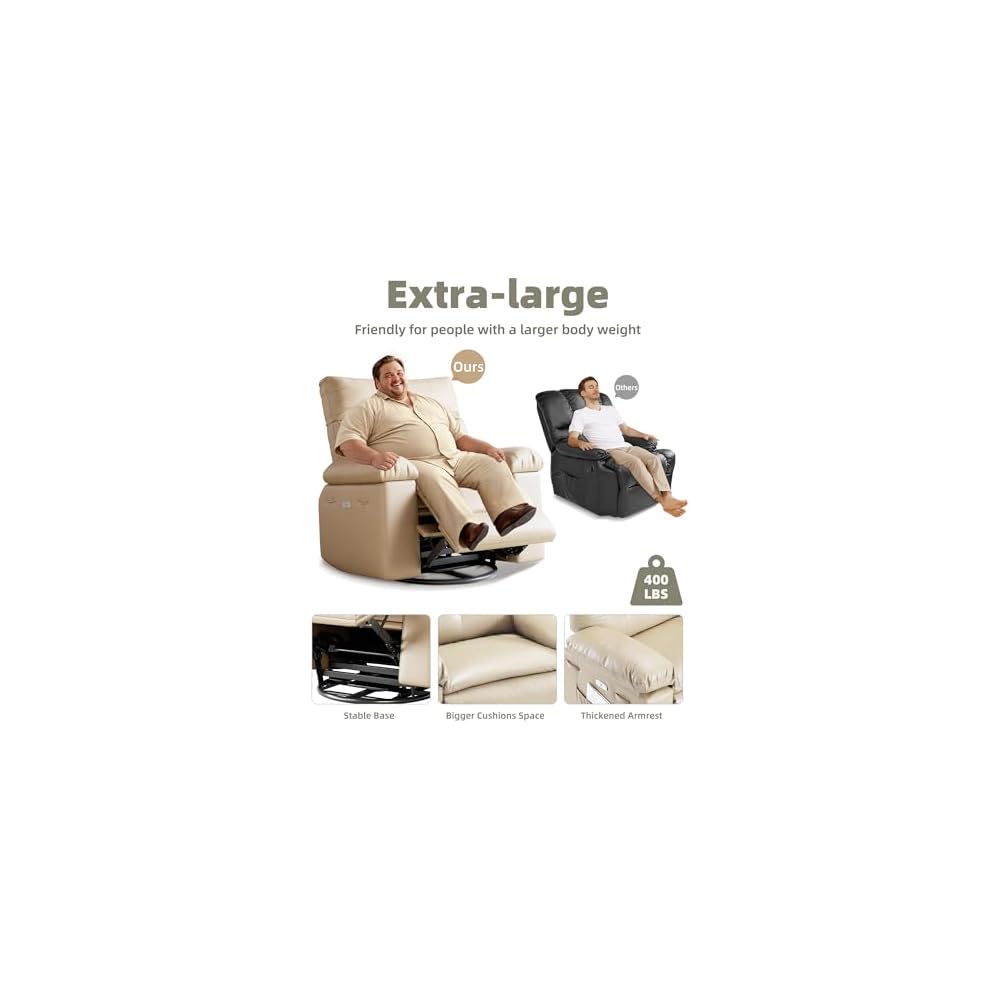 360° Swivel Manual Recliner Chair with Massage & Remote Control, PU Leather Lounge Chair with Side Pocket, Wide Single Sofa Seat for Living Room Comfort, Ergonomic Beige Reclining Armchair