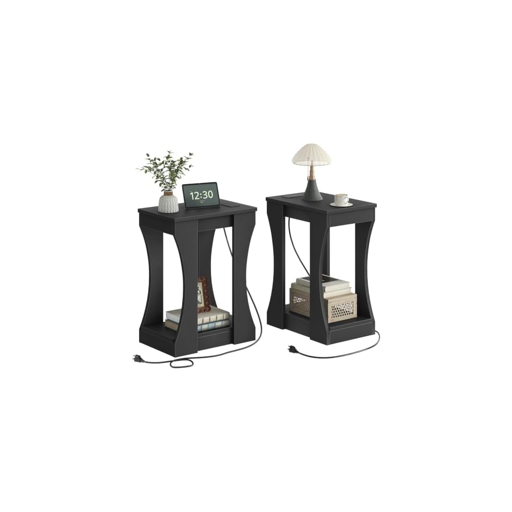 HOOBRO Living Room End Tables, Black Side Tables with Charging Station