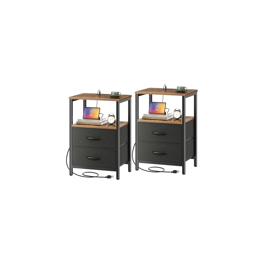 Huuger Nachttisch mit Ladestation, Beistelltisch mit Stoffschubladen, Beistelltisch mit offenem Regal, Nachttisch mit USB-Anschlüssen und Steckdosen, Nachttisch für Schlafzimmer, Anthrazit