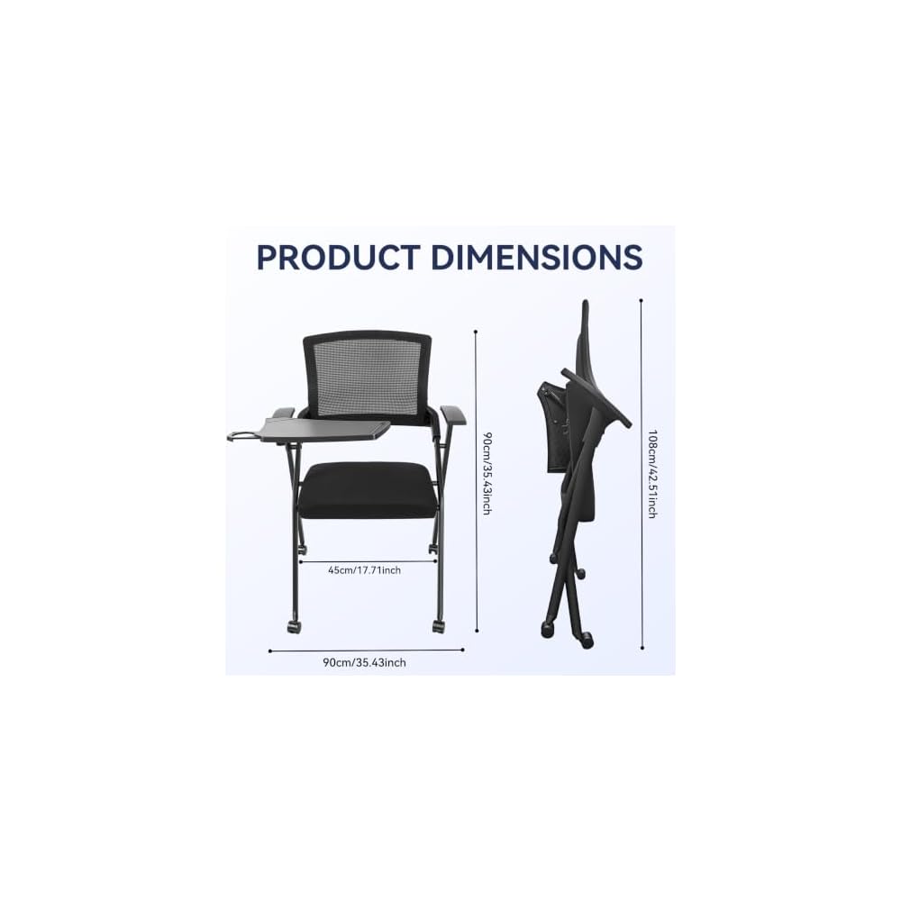 Foldable Office Chair with Writing Tablet, Ergonomic Mesh Back Stackable Conference Room Seating, Padded Guest Meeting Chairs for Training, 350lbs Capacity, Black Black 1pc