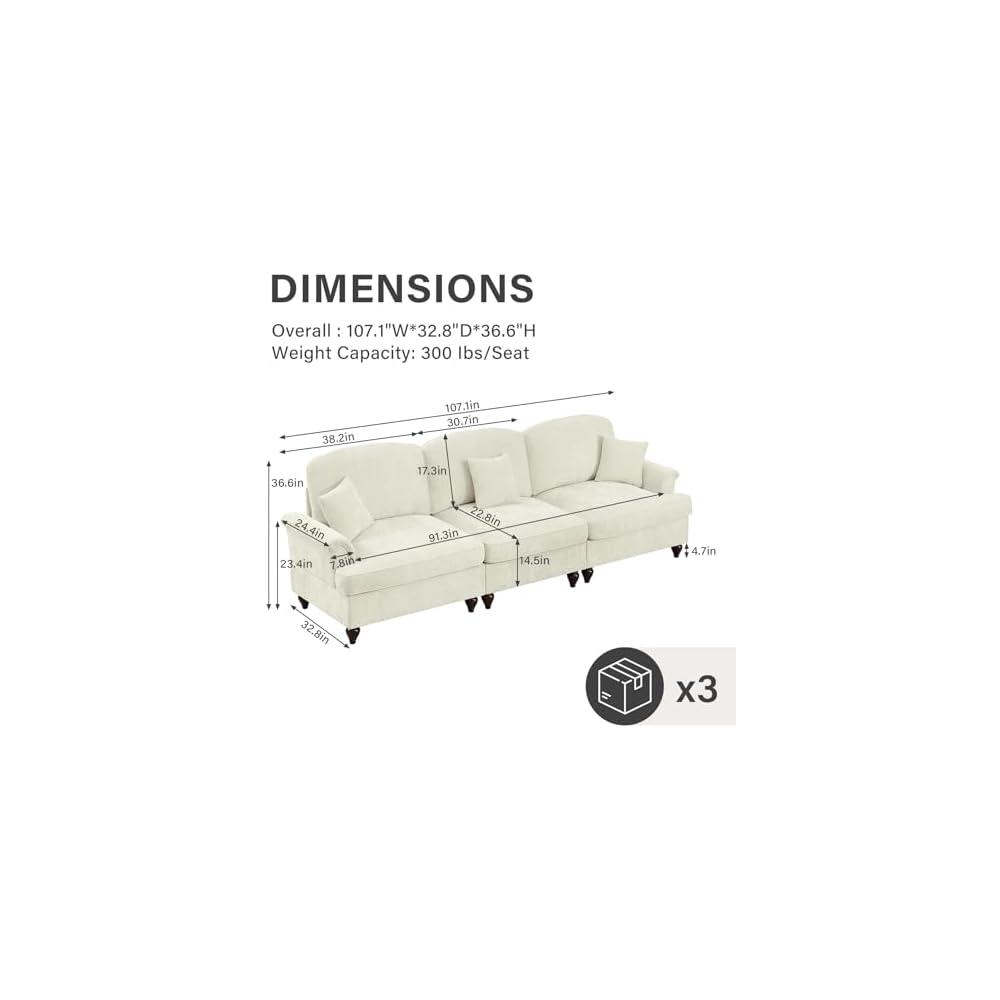 Modular Sectional Sofa Couch,3 Seater Chenille Deep Seat Sleeper Cloud Couch with Pillows,Removable Ruffled Skirt for Living Room,Apartment,Office(Beige)