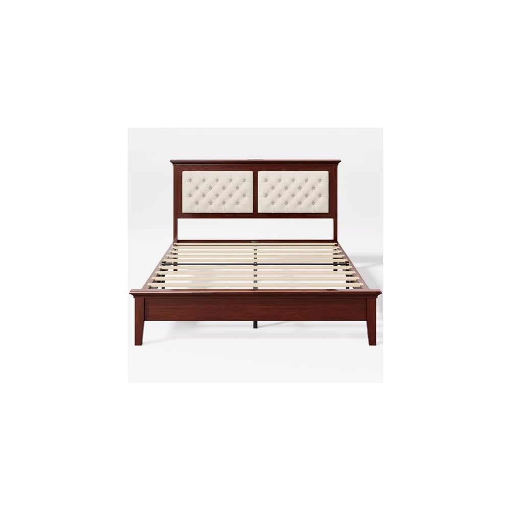 Lifezone Solid Wood Queen Bed Frame 41.5” Tall Diamond-Tufted Upholstered Headboard, American Classic Flat-Top Bed, Stable Structure, Wood Slats Support, Noise-Free, No Box Spring Needed, Redish Brown