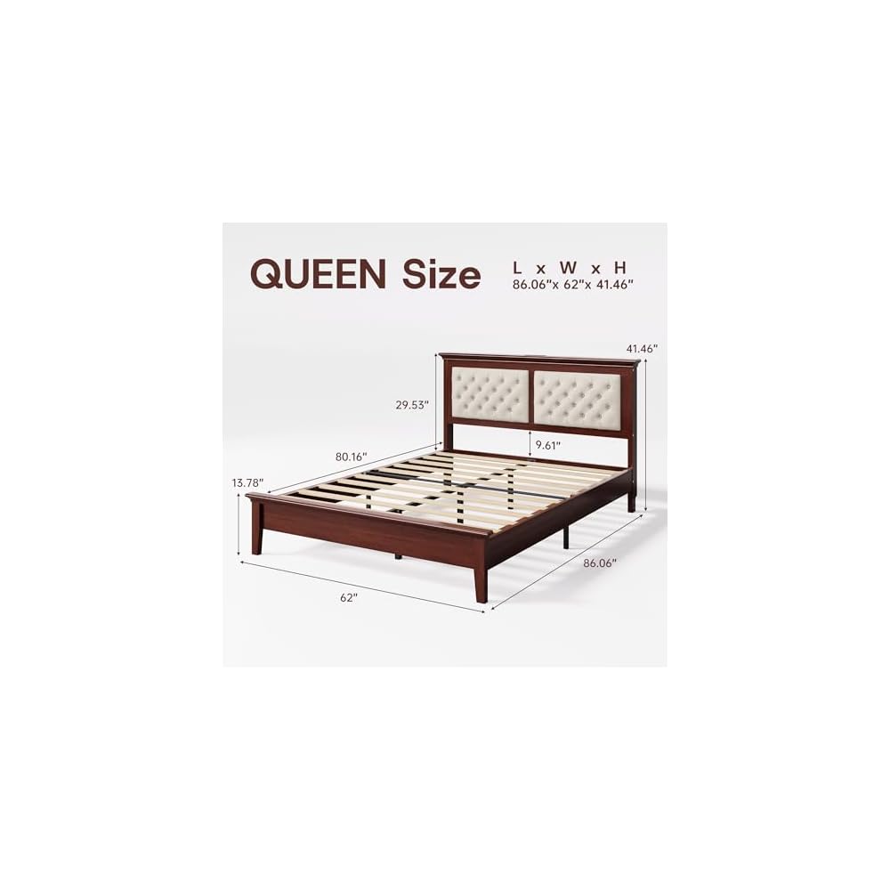 Lifezone Solid Wood Queen Bed Frame 41.5” Tall Diamond-Tufted Upholstered Headboard, American Classic Flat-Top Bed, Stable Structure, Wood Slats Support, Noise-Free, No Box Spring Needed, Redish Brown