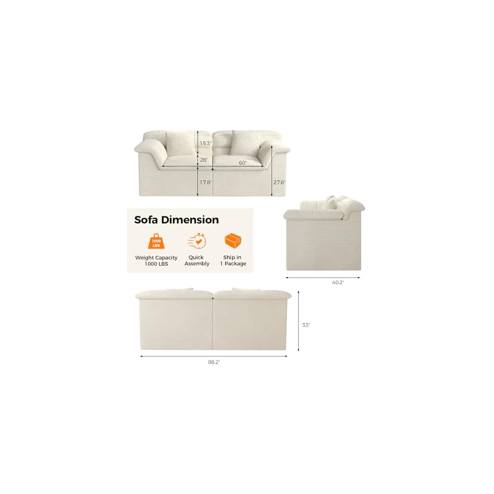 81" Sofa with Deep Seats Oversize, 2 Seater Cloud Couches, Upholstered Corduroy Loveseat for Living Room Bedroom, No Assembly Required, Beige