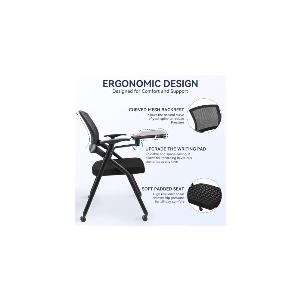 Foldable Office Chair with Writing Tablet, Ergonomic Mesh Back Stackable Conference Room Seating, Padded Guest Meeting Chairs for Training, 350lbs Capacity, Black Black 1pc