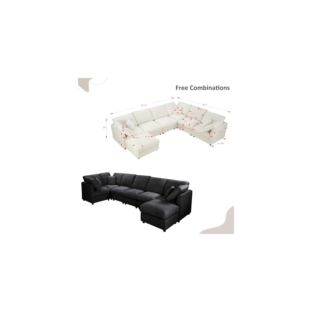 117" Modular Sectional Sofa,U-Shaped Chenille Sofa Couch with Movable Ottoman,Modern 7 Seat Cloud Sectional Couches for Living Room Office Home (Black, 117" U-7 Seater)