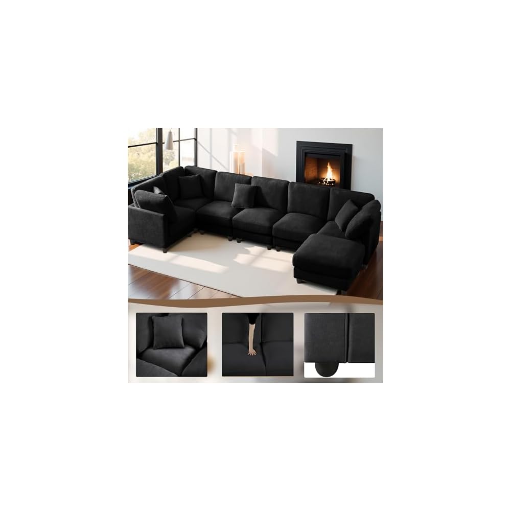 117" Modular Sectional Sofa,U-Shaped Chenille Sofa Couch with Movable Ottoman,Modern 7 Seat Cloud Sectional Couches for Living Room Office Home (Black, 117" U-7 Seater)