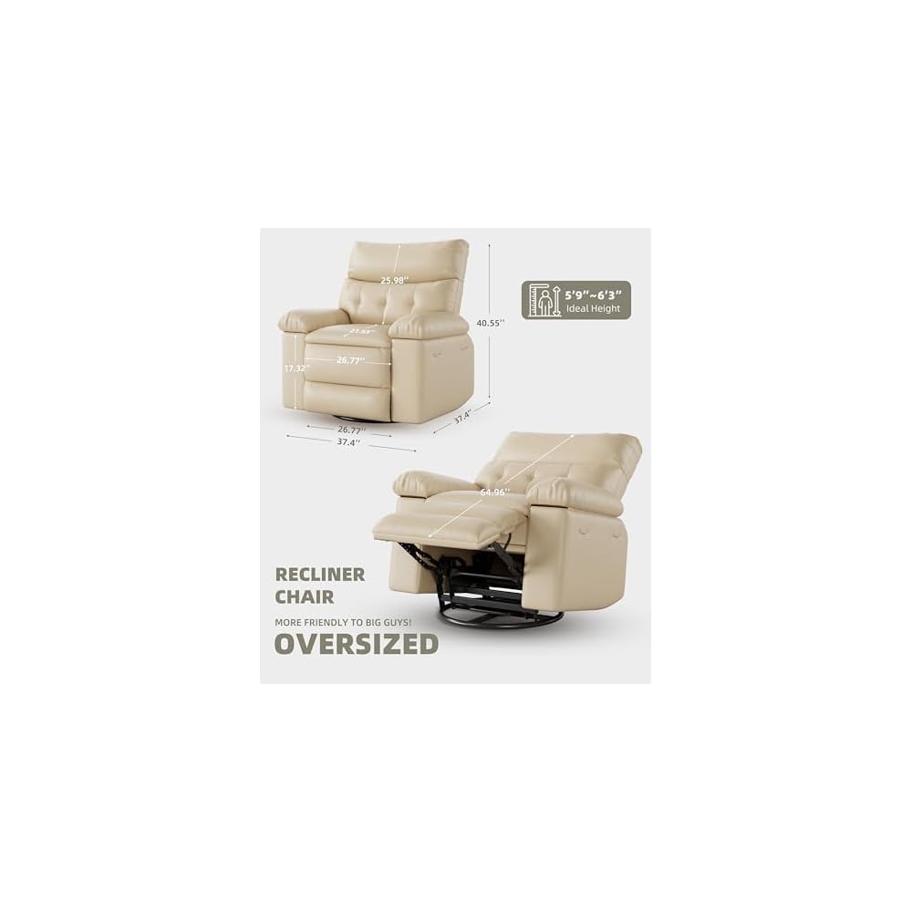 360° Swivel Manual Recliner Chair with Massage & Remote Control, PU Leather Lounge Chair with Side Pocket, Wide Single Sofa Seat for Living Room Comfort, Ergonomic Beige Reclining Armchair