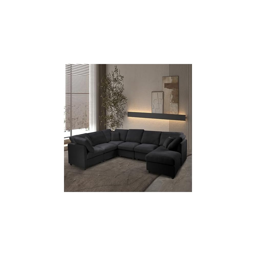 117" Modular Sectional Sofa,U-Shaped Chenille Sofa Couch with Movable Ottoman,Modern 7 Seat Cloud Sectional Couches for Living Room Office Home (Black, 117" U-7 Seater)
