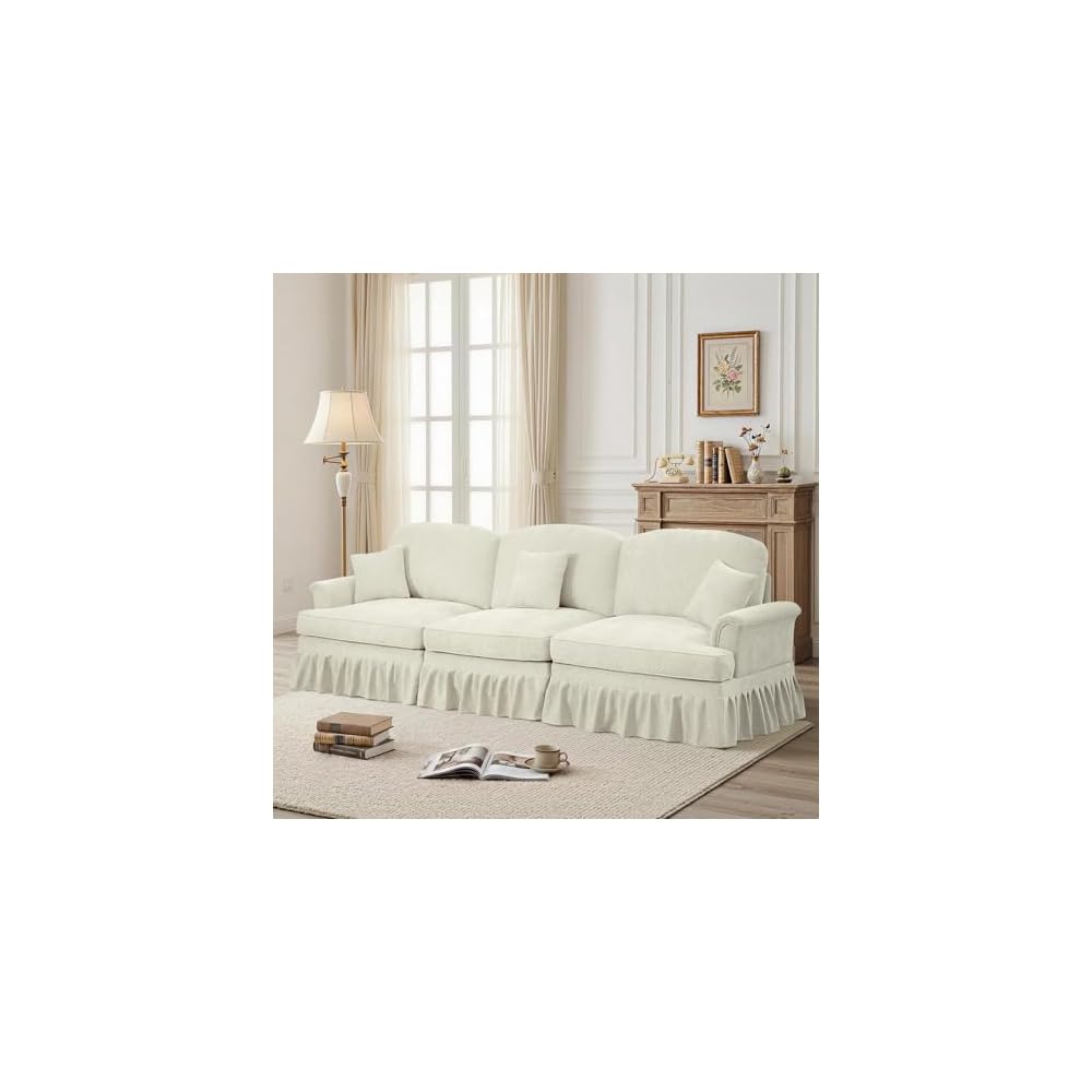 Modular Sectional Sofa Couch,3 Seater Chenille Deep Seat Sleeper Cloud Couch with Pillows,Removable Ruffled Skirt for Living Room,Apartment,Office(Beige)