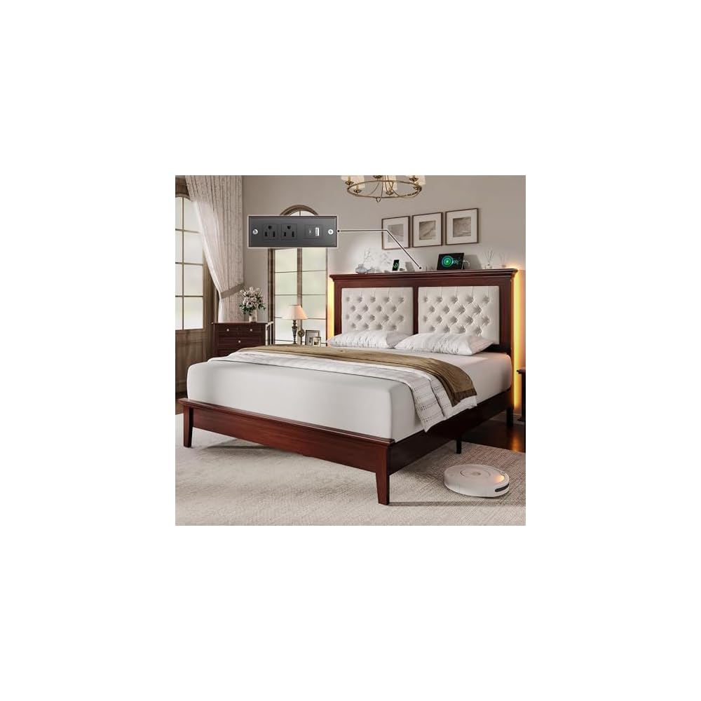 Lifezone Solid Wood Queen Bed Frame 41.5” Tall Diamond-Tufted Upholstered Headboard, American Classic Flat-Top Bed, Stable Structure, Wood Slats Support, Noise-Free, No Box Spring Needed, Redish Brown