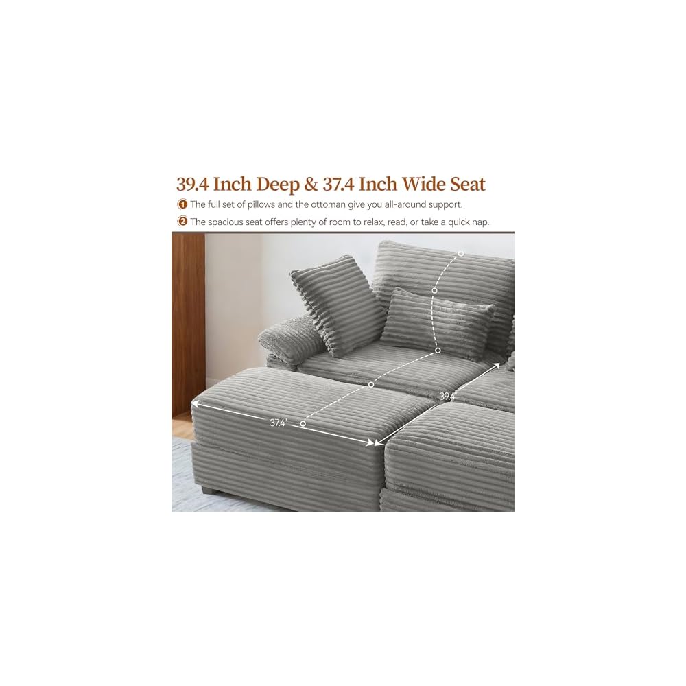 75" Oversized Loveseat Sofa with Storage Ottoman & USB Ports, Deep Seat Corduroy Couch with Coffee Table, Double Chaise Lounge for Living Room, Grey