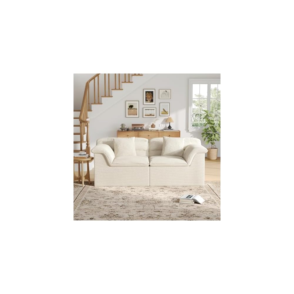 81" Sofa with Deep Seats Oversize, 2 Seater Cloud Couches, Upholstered Corduroy Loveseat for Living Room Bedroom, No Assembly Required, Beige