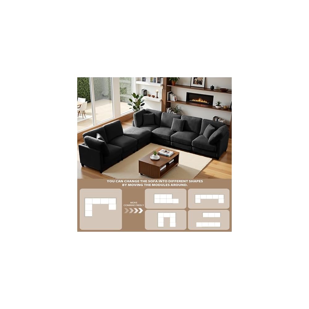 117" Modular Sectional Sofa,U-Shaped Chenille Sofa Couch with Movable Ottoman,Modern 7 Seat Cloud Sectional Couches for Living Room Office Home (Black, 117" U-7 Seater)