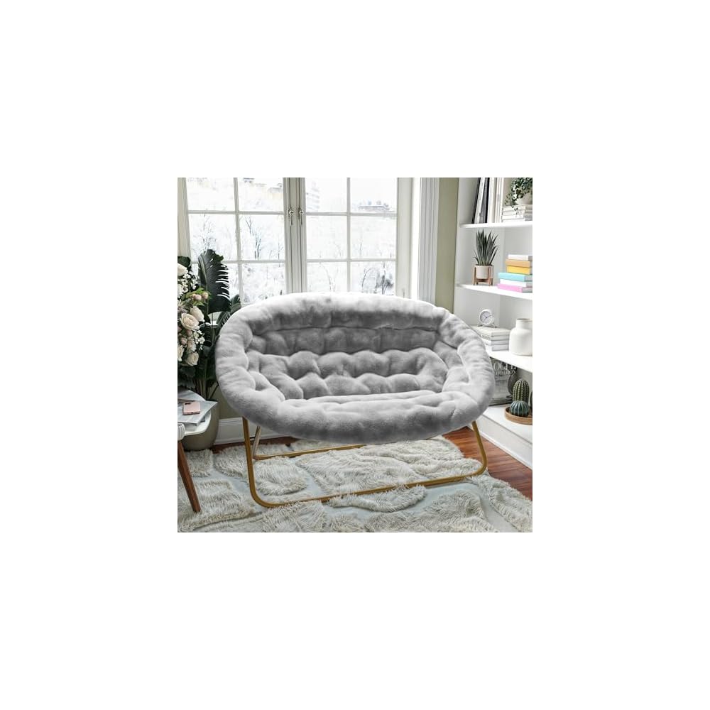 Flash Furniture 56 Inch Folding Double Saucer Chair, Gray Faux Fur