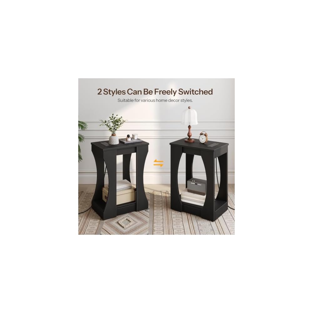 HOOBRO Living Room End Tables, Black Side Tables with Charging Station