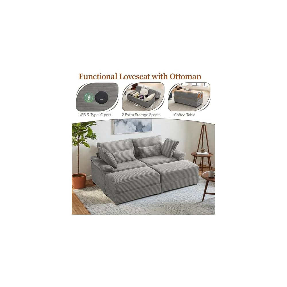 75" Oversized Loveseat Sofa with Storage Ottoman & USB Ports, Deep Seat Corduroy Couch with Coffee Table, Double Chaise Lounge for Living Room, Grey