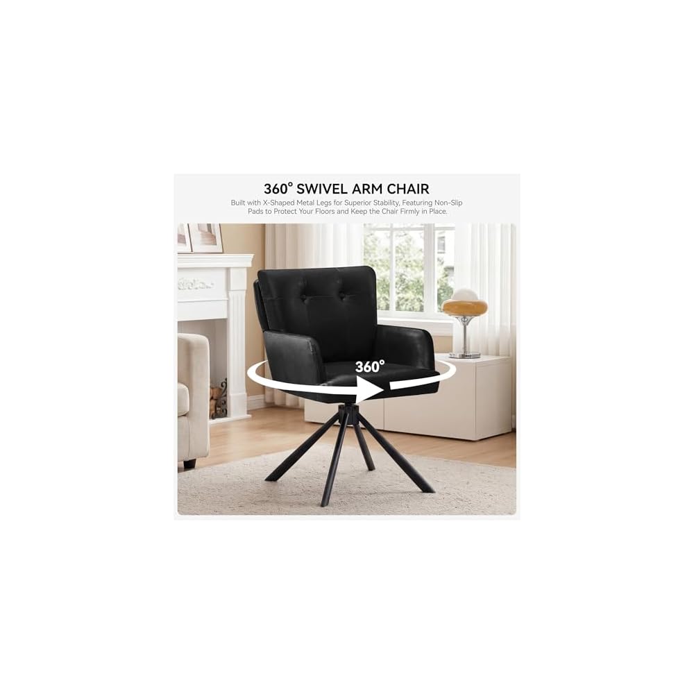 Leather Dining Chair,Swivel Accent Chair with Mid Back Comfy Vanity Chair Armchairs Modern Dining Chairs for Living Room,Kitchen,Office,Black