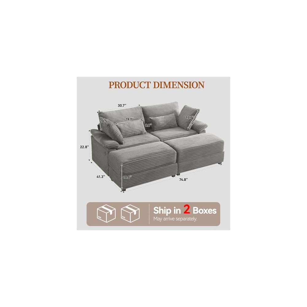 75" Oversized Loveseat Sofa with Storage Ottoman & USB Ports, Deep Seat Corduroy Couch with Coffee Table, Double Chaise Lounge for Living Room, Grey