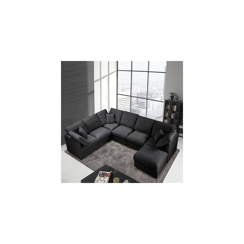 117" Modular Sectional Sofa,U-Shaped Chenille Sofa Couch with Movable Ottoman,Modern 7 Seat Cloud Sectional Couches for Living Room Office Home (Black, 117" U-7 Seater)