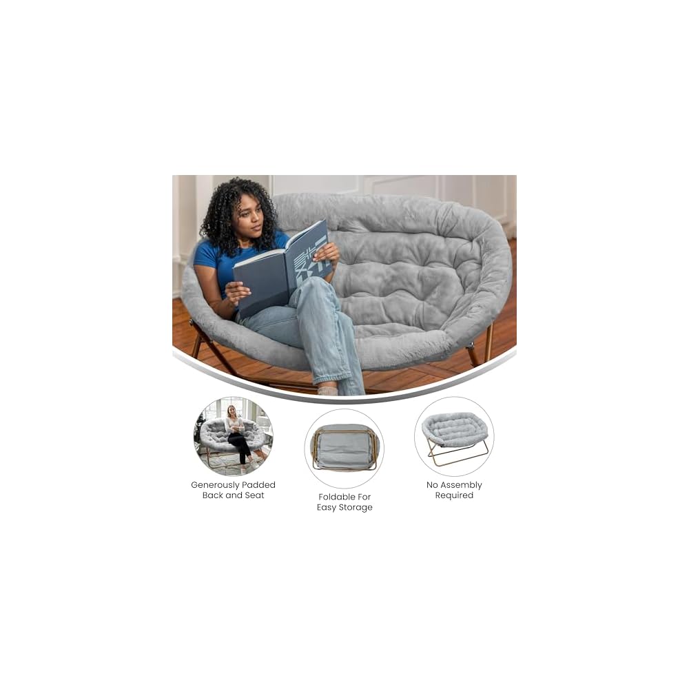 Flash Furniture 56 Inch Folding Double Saucer Chair, Gray Faux Fur