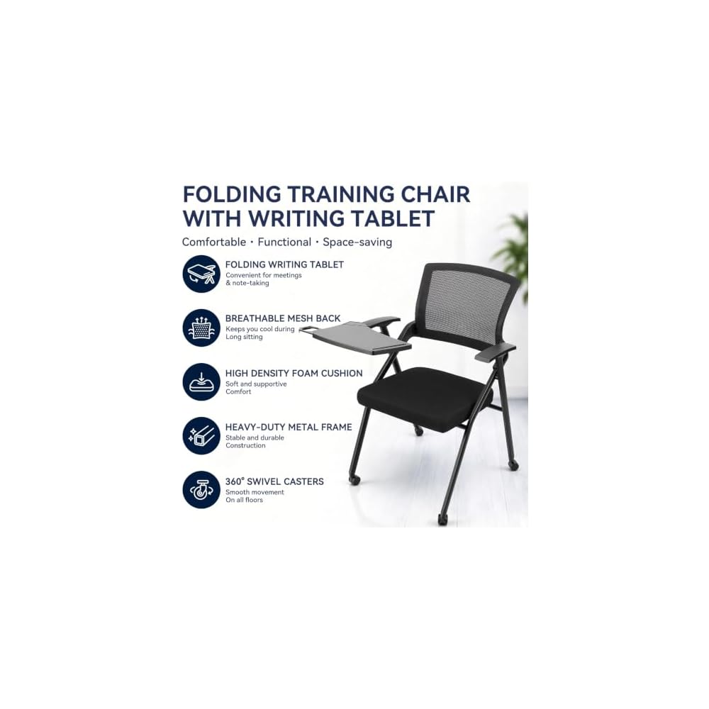 Foldable Office Chair with Writing Tablet, Ergonomic Mesh Back Stackable Conference Room Seating, Padded Guest Meeting Chairs for Training, 350lbs Capacity, Black Black 1pc