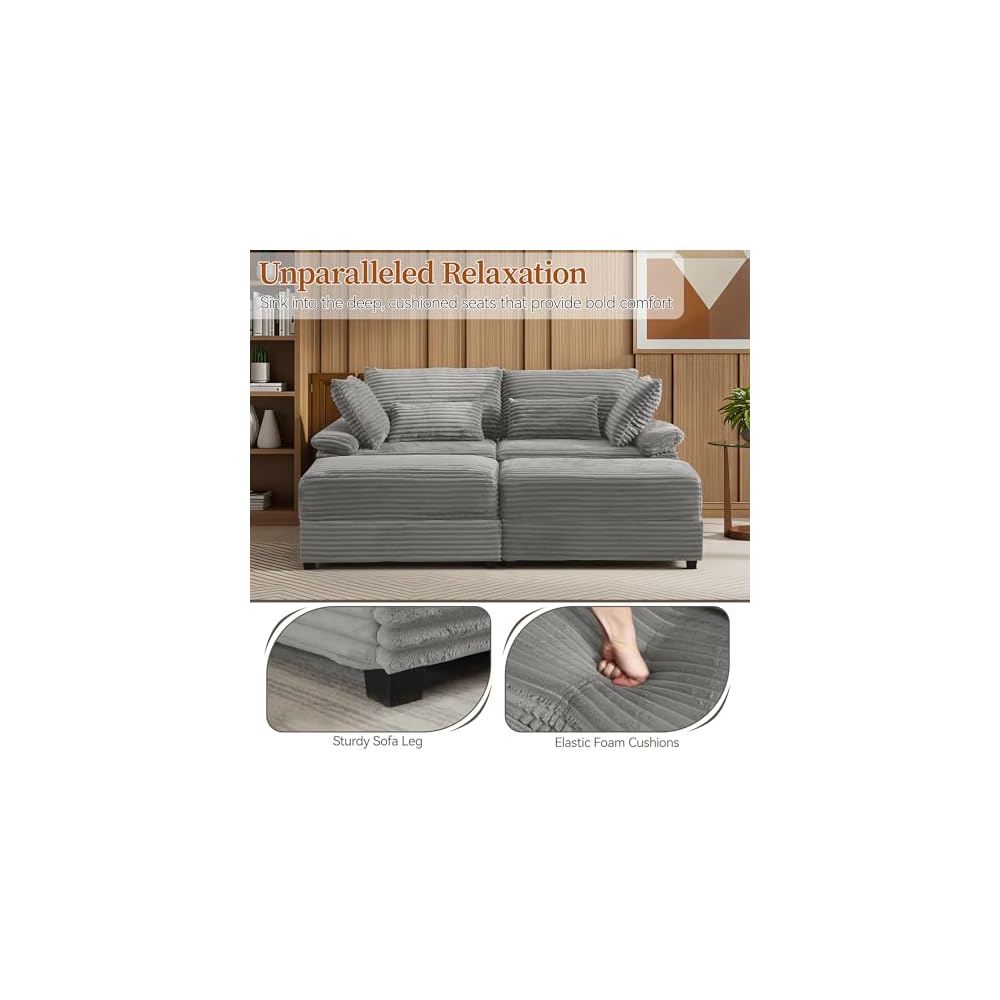 75" Oversized Loveseat Sofa with Storage Ottoman & USB Ports, Deep Seat Corduroy Couch with Coffee Table, Double Chaise Lounge for Living Room, Grey