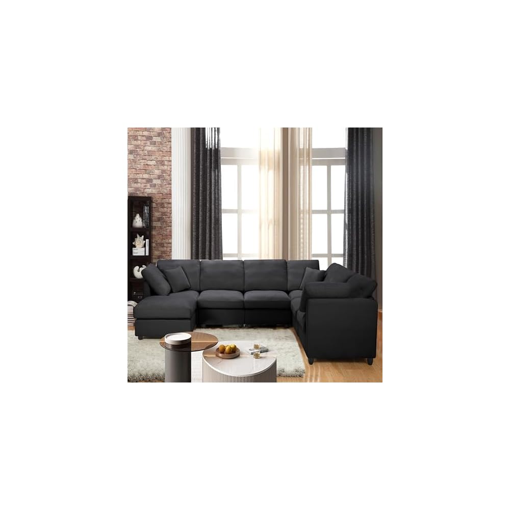 117" Modular Sectional Sofa,U-Shaped Chenille Sofa Couch with Movable Ottoman,Modern 7 Seat Cloud Sectional Couches for Living Room Office Home (Black, 117" U-7 Seater)