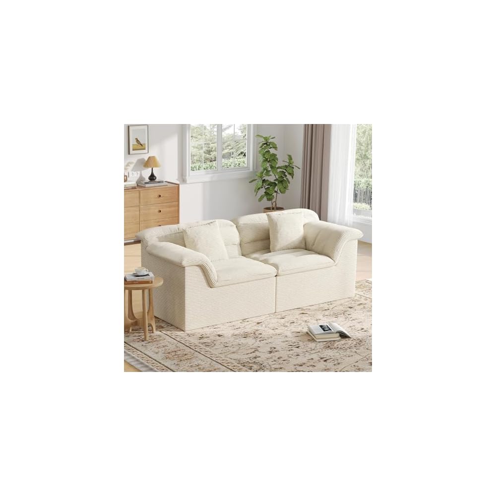 81" Sofa with Deep Seats Oversize, 2 Seater Cloud Couches, Upholstered Corduroy Loveseat for Living Room Bedroom, No Assembly Required, Beige