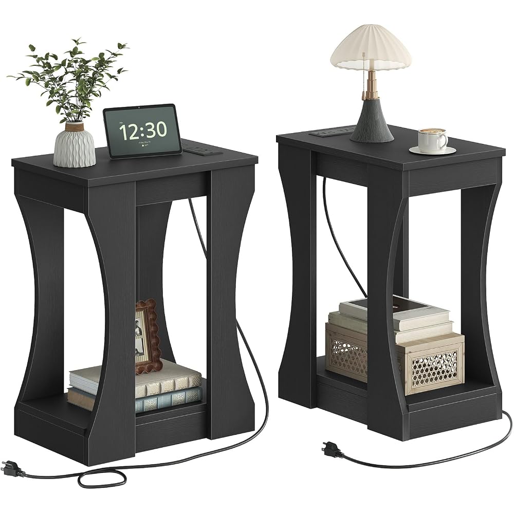 HOOBRO Living Room End Tables, Black Side Tables with Charging Station