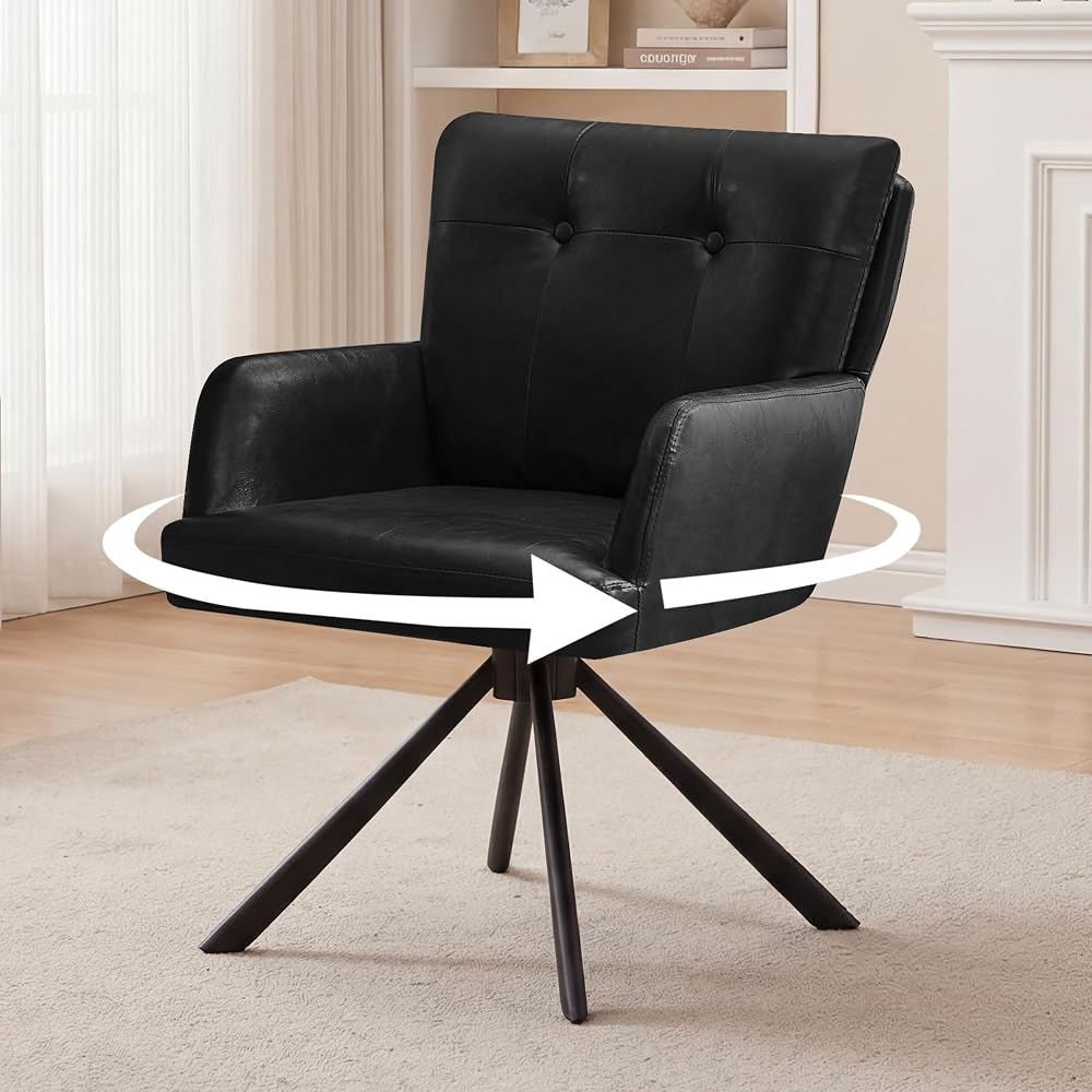 Leather Dining Chair,Swivel Accent Chair with Mid Back Comfy Vanity Chair Armchairs Modern Dining Chairs for Living Room,Kitchen,Office,Black
