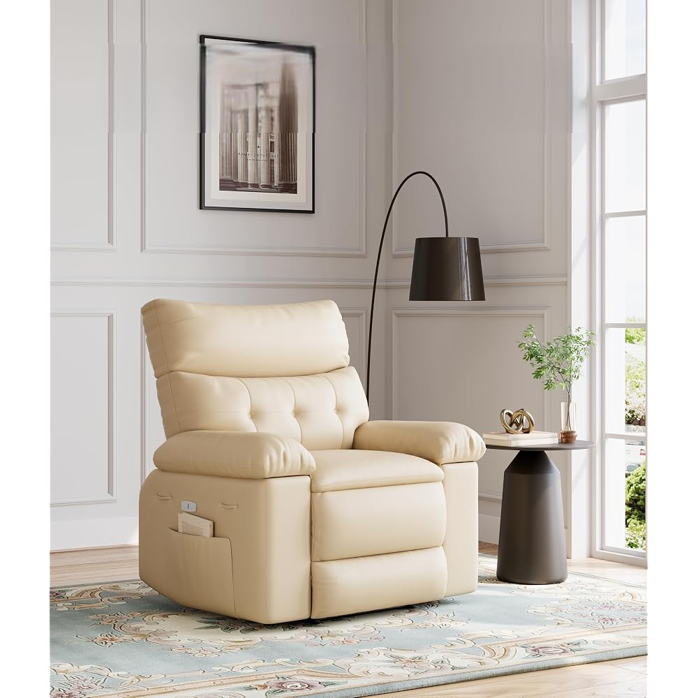 360° Swivel Manual Recliner Chair with Massage & Remote Control, PU Leather Lounge Chair with Side Pocket, Wide Single Sofa Seat for Living Room Comfort, Ergonomic Beige Reclining Armchair
