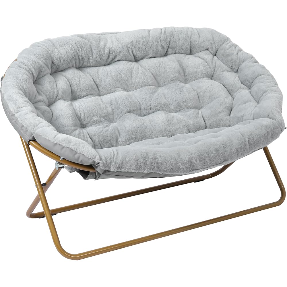 Flash Furniture 56 Inch Folding Double Saucer Chair, Gray Faux Fur