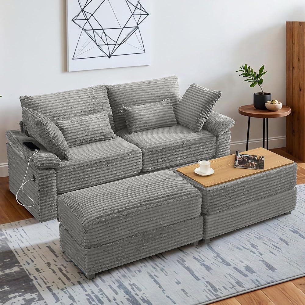 75" Oversized Loveseat Sofa with Storage Ottoman & USB Ports, Deep Seat Corduroy Couch with Coffee Table, Double Chaise Lounge for Living Room, Grey