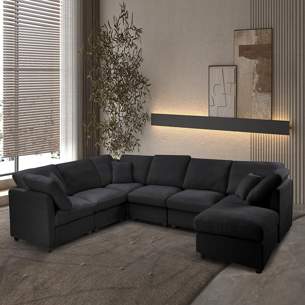 117" Modular Sectional Sofa,U-Shaped Chenille Sofa Couch with Movable Ottoman,Modern 7 Seat Cloud Sectional Couches for Living Room Office Home (Black, 117" U-7 Seater)