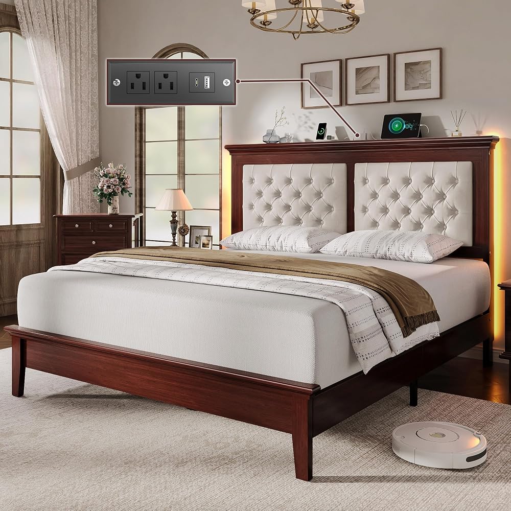 Lifezone Solid Wood Queen Bed Frame 41.5” Tall Diamond-Tufted Upholstered Headboard, American Classic Flat-Top Bed, Stable Structure, Wood Slats Support, Noise-Free, No Box Spring Needed, Redish Brown